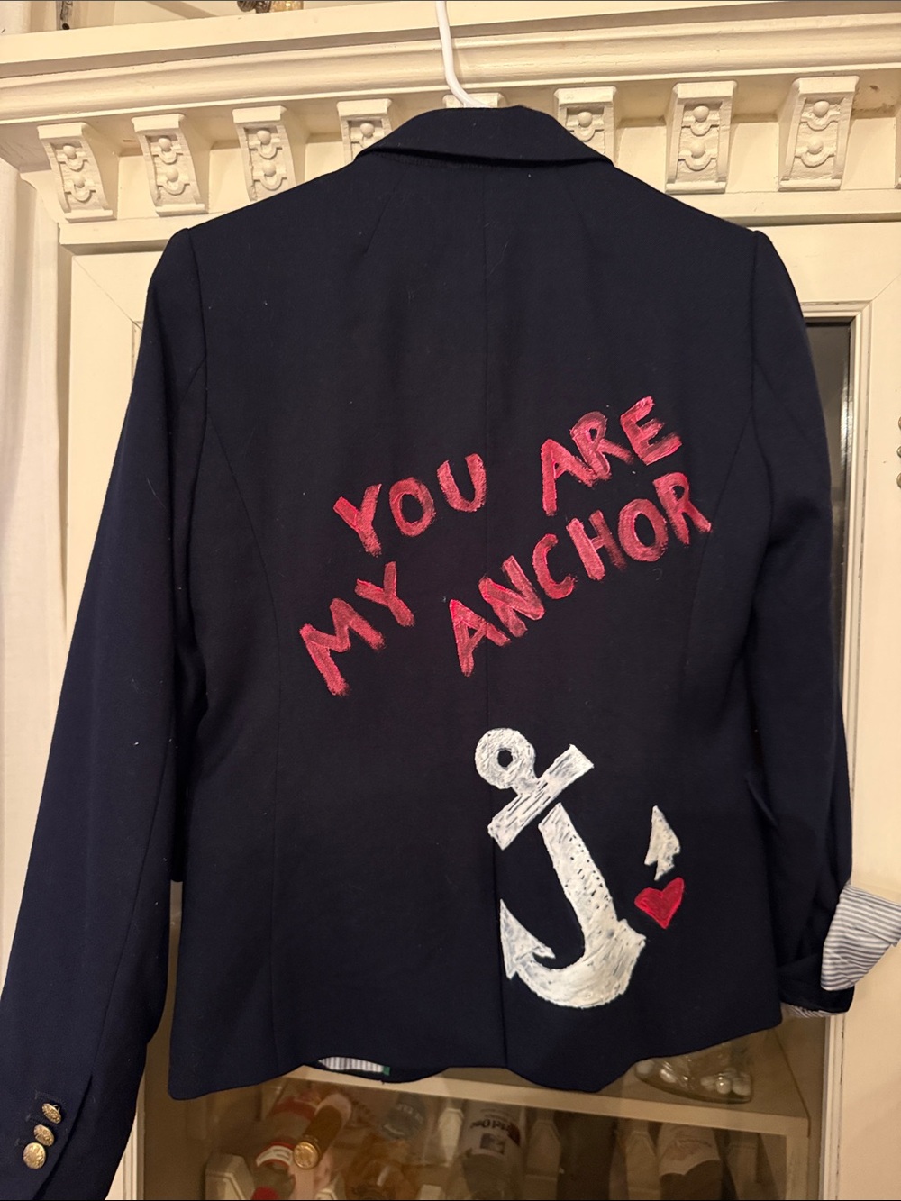 J. Crew Navy Blazer with red Script & White Anchor